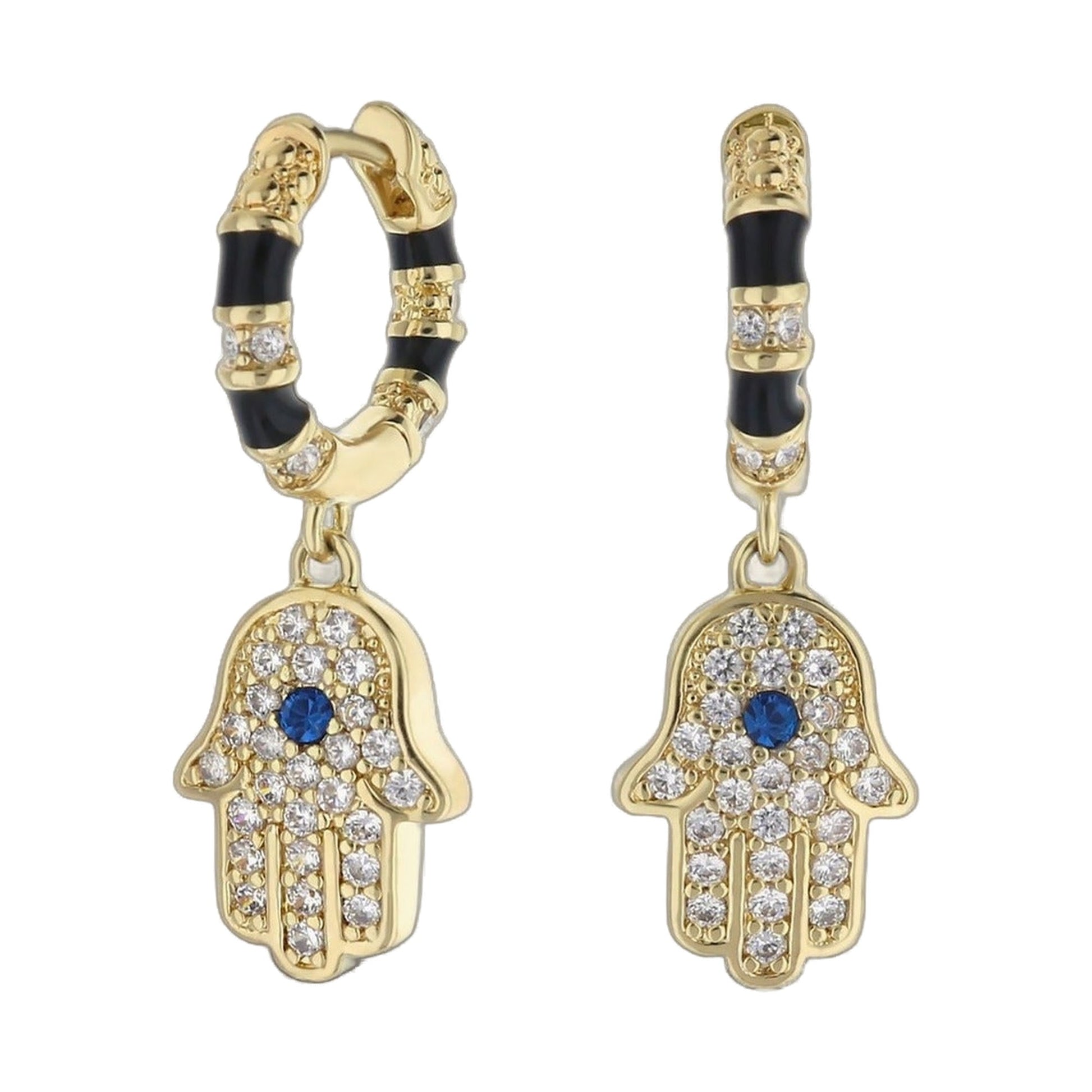 Lucky Hamsa Pave Earrings Lauren G Adams, gold-tone dangle with black enamel pavé crystals on Tampa Home & Garden Store
