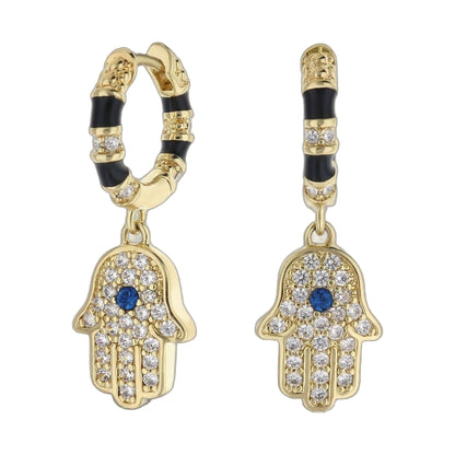 Lucky Hamsa Pave Earrings Lauren G Adams, gold-tone dangle with black enamel pavé crystals on Tampa Home & Garden Store