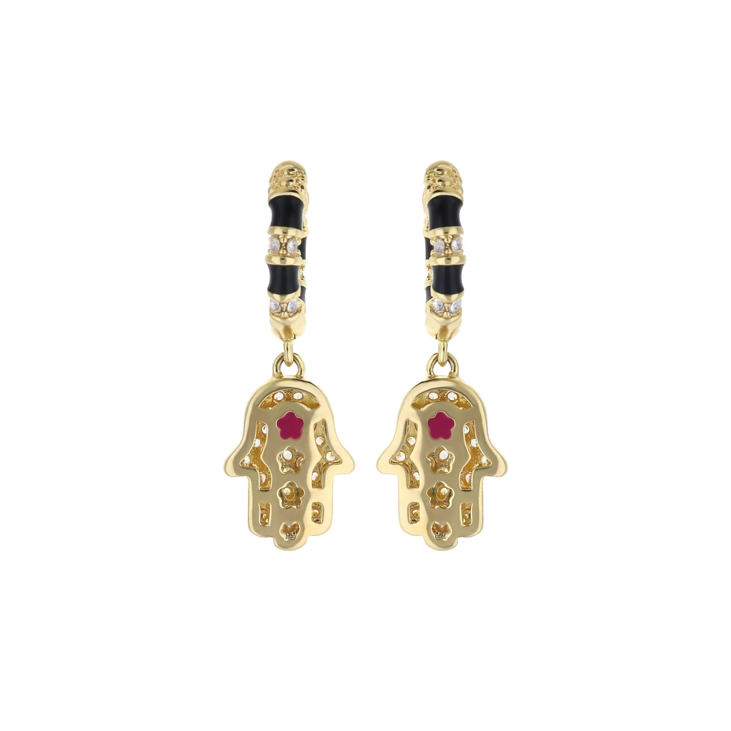 Lucky Hamsa Pave Earrings, Lauren G Adams pair, gold-tone danglers with black enamel on Tampa Home & Garden Store