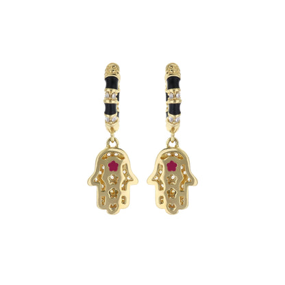 Lucky Hamsa Pave Earrings, Lauren G Adams pair, gold-tone danglers with black enamel on Tampa Home & Garden Store