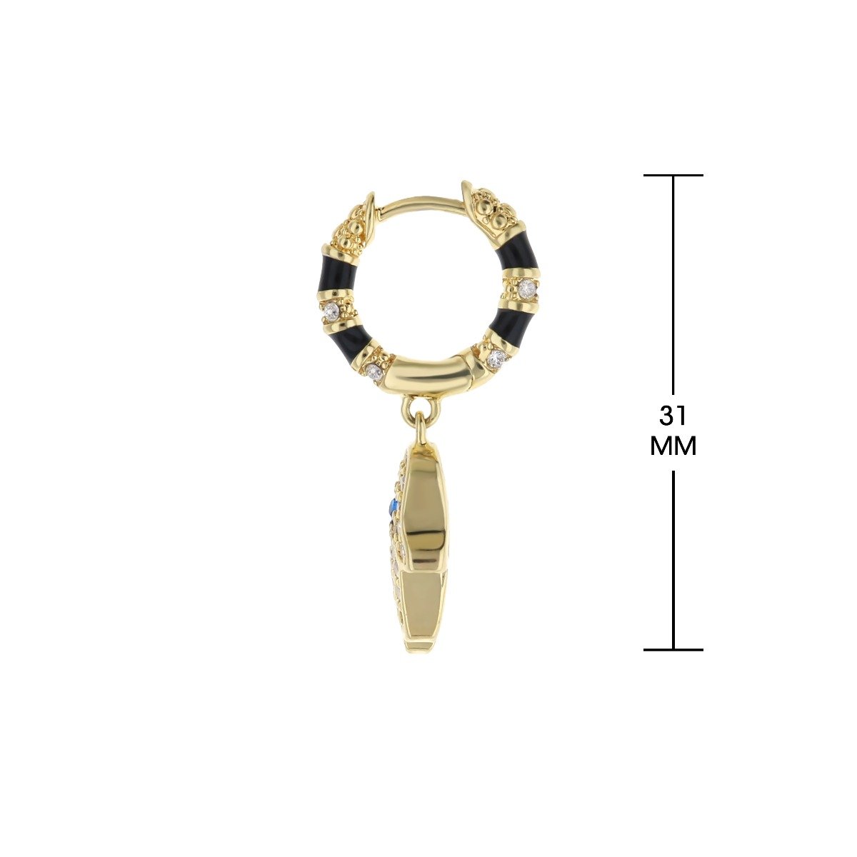 Lucky Hamsa Pave Earrings gold hoop with black enamel segments and pavé stones 31mm on Tampa Home & Garden Store