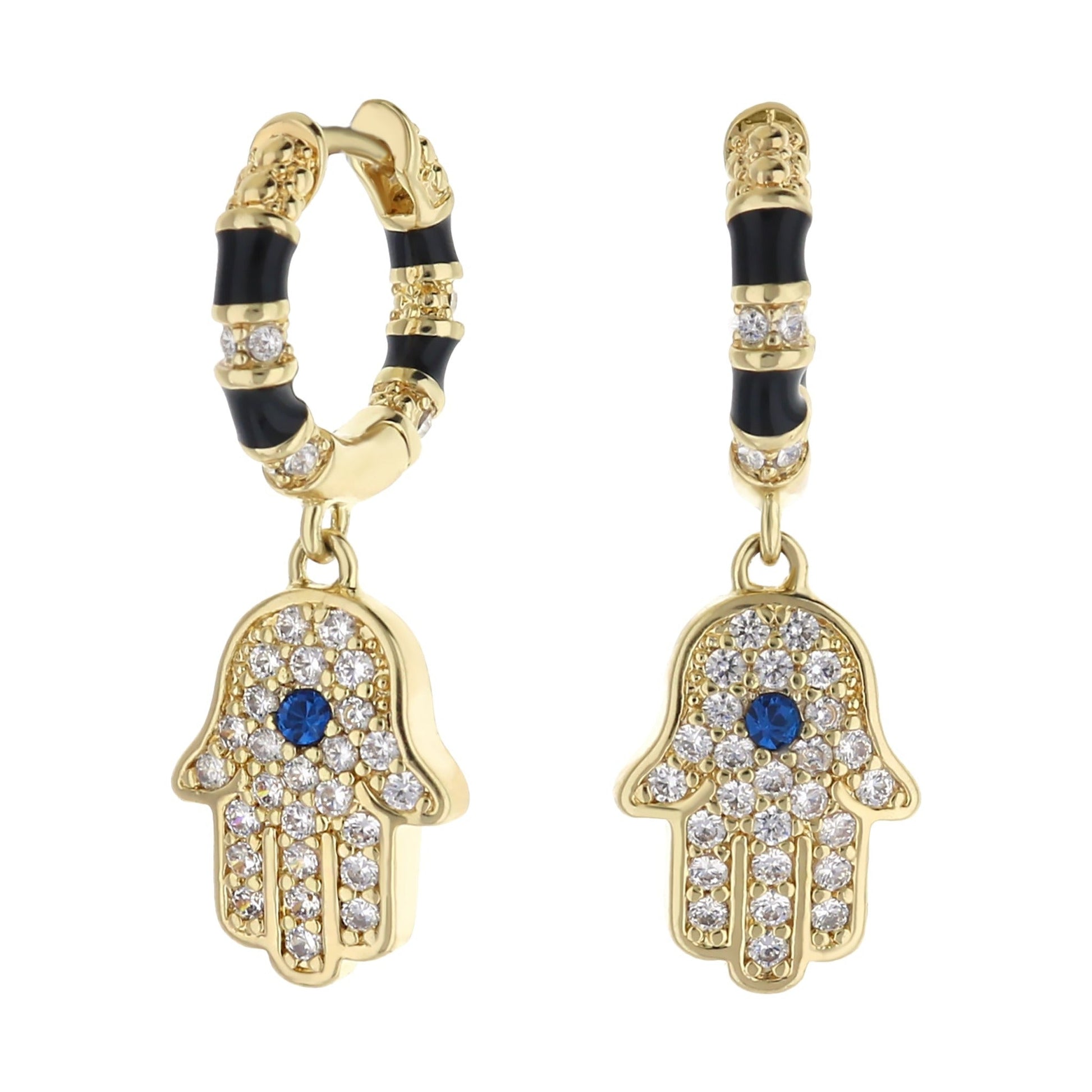 Pair of Lucky Hamsa pave dangle earrings in gold with black enamel and blue gemstone accents on Tampa Home & Garden Store
