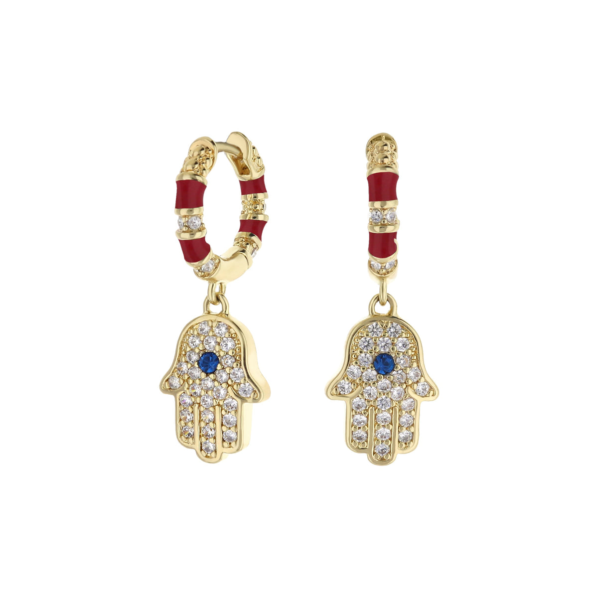Lucky Hamsa Pave Earrings by Lauren G Adams, gold-tone red enamel pavé dangle with blue center on Tampa Home & Garden Store