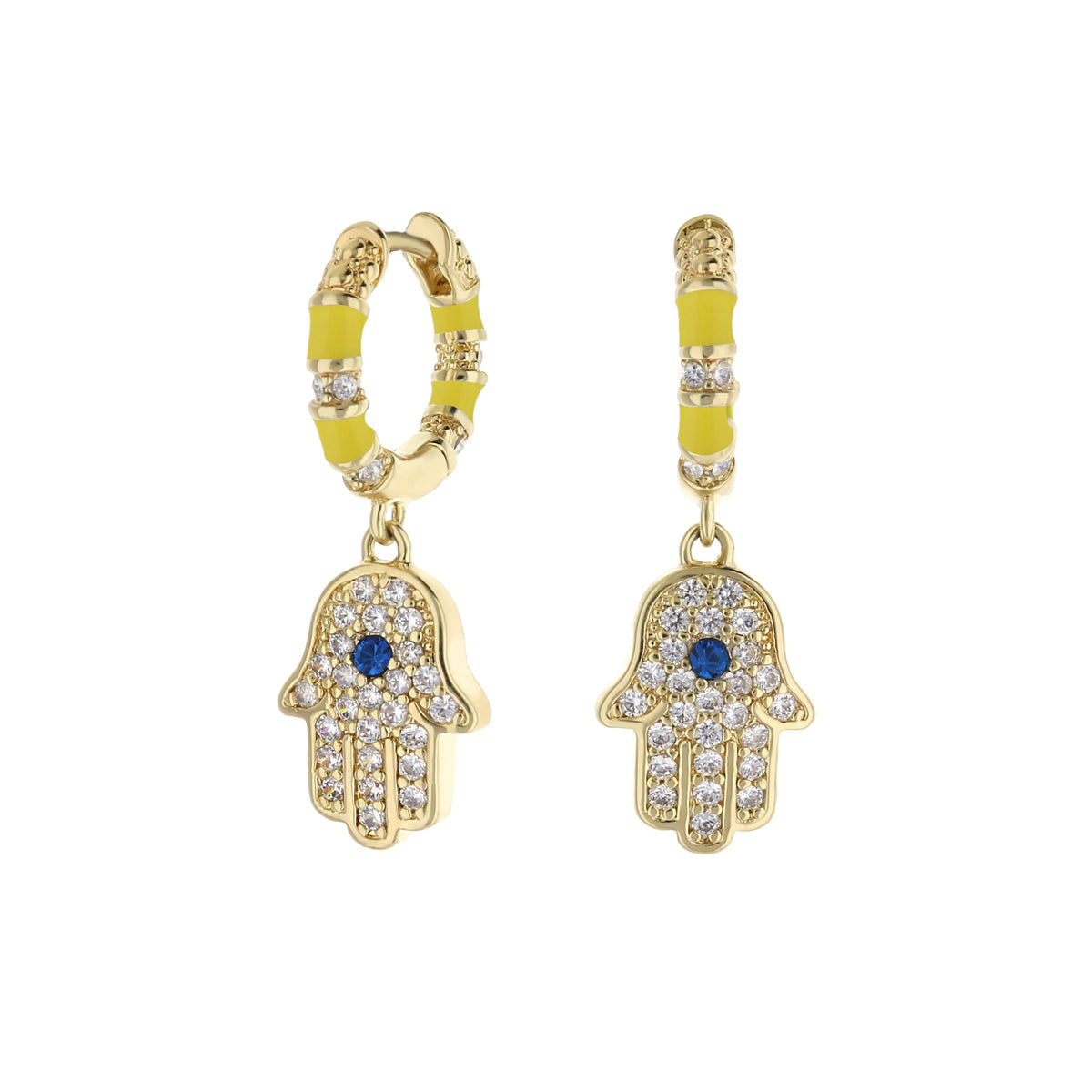 Lucky Hamsa Pave Earrings, gold-tone dangle earrings with yellow enamel bands and crystal pavé with blue center stone on Tampa Home & Garden Store