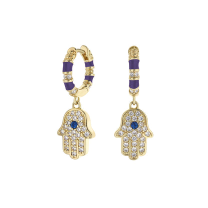 Lauren G Adams Lucky Hamsa Pave Earrings gold-tone hoops with purple enamel and crystal pavé hamsa pendants blue center gems on Tampa Home & Garden Store