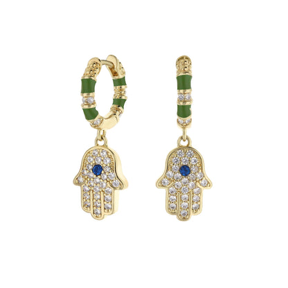 Lucky Hamsa Pave Earrings pair by Lauren G Adams gold dangle with green enamel and pavé crystals on Tampa Home & Garden Store