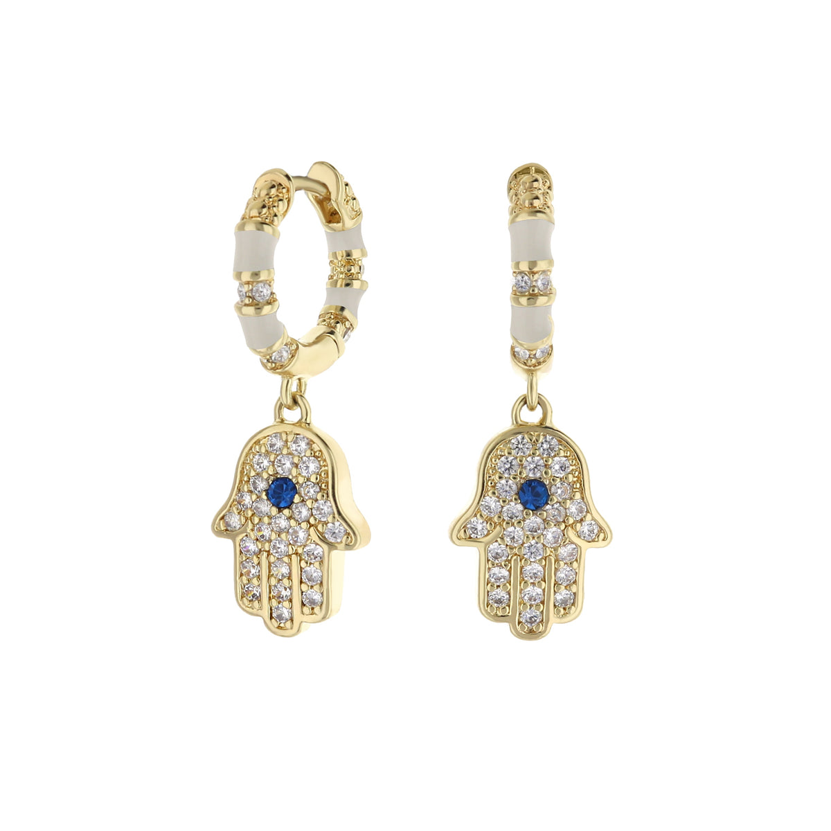 Lauren G Adams Lucky Hamsa Pave Earrings, gold-tone dangle earrings with white enamel bands and crystal pavé Hamsa charms, pair on Tampa Home & Garden Store