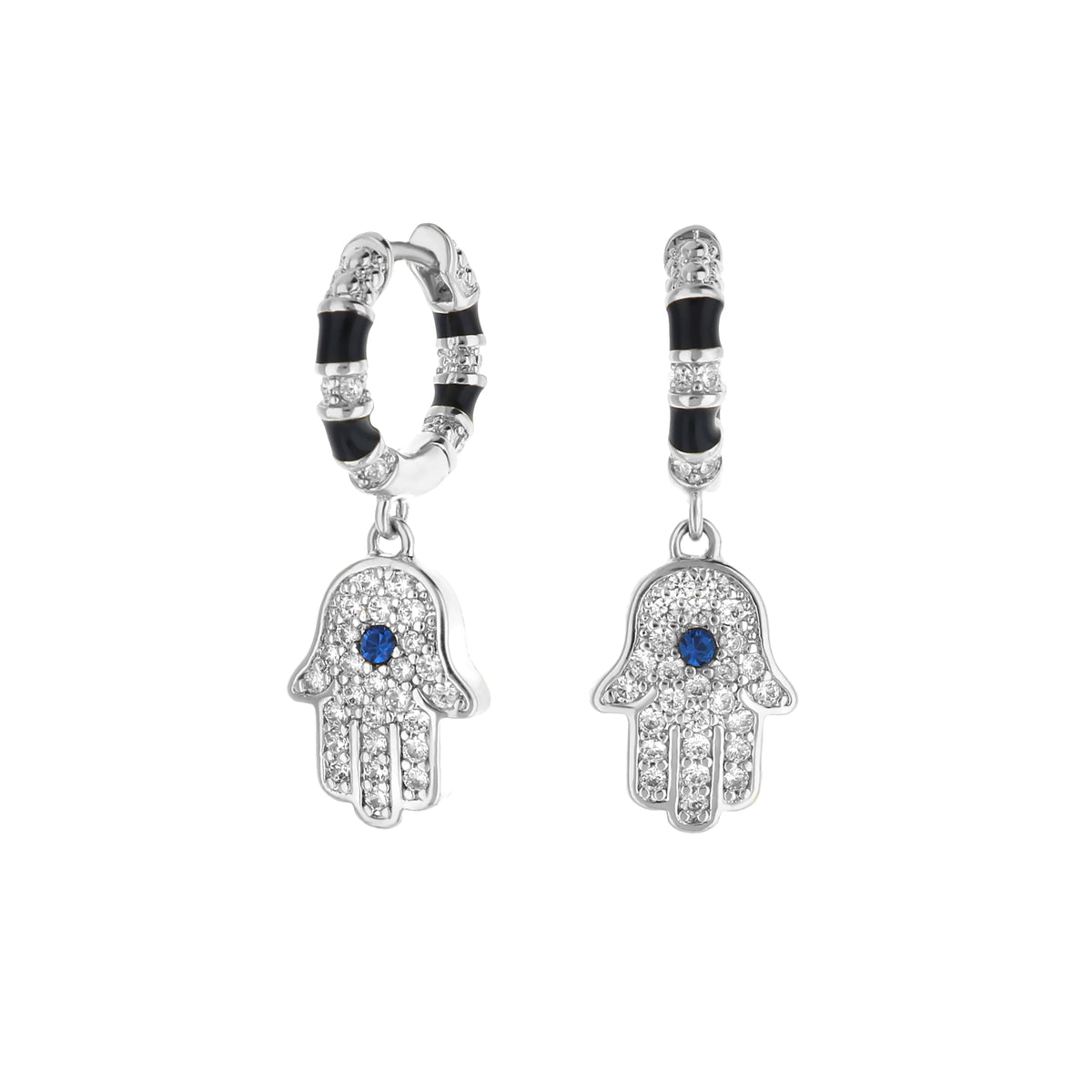 Lucky Hamsa Pave Dangle Earrings silver black enamel crystal pave blue center gem on Tampa Home & Garden Store