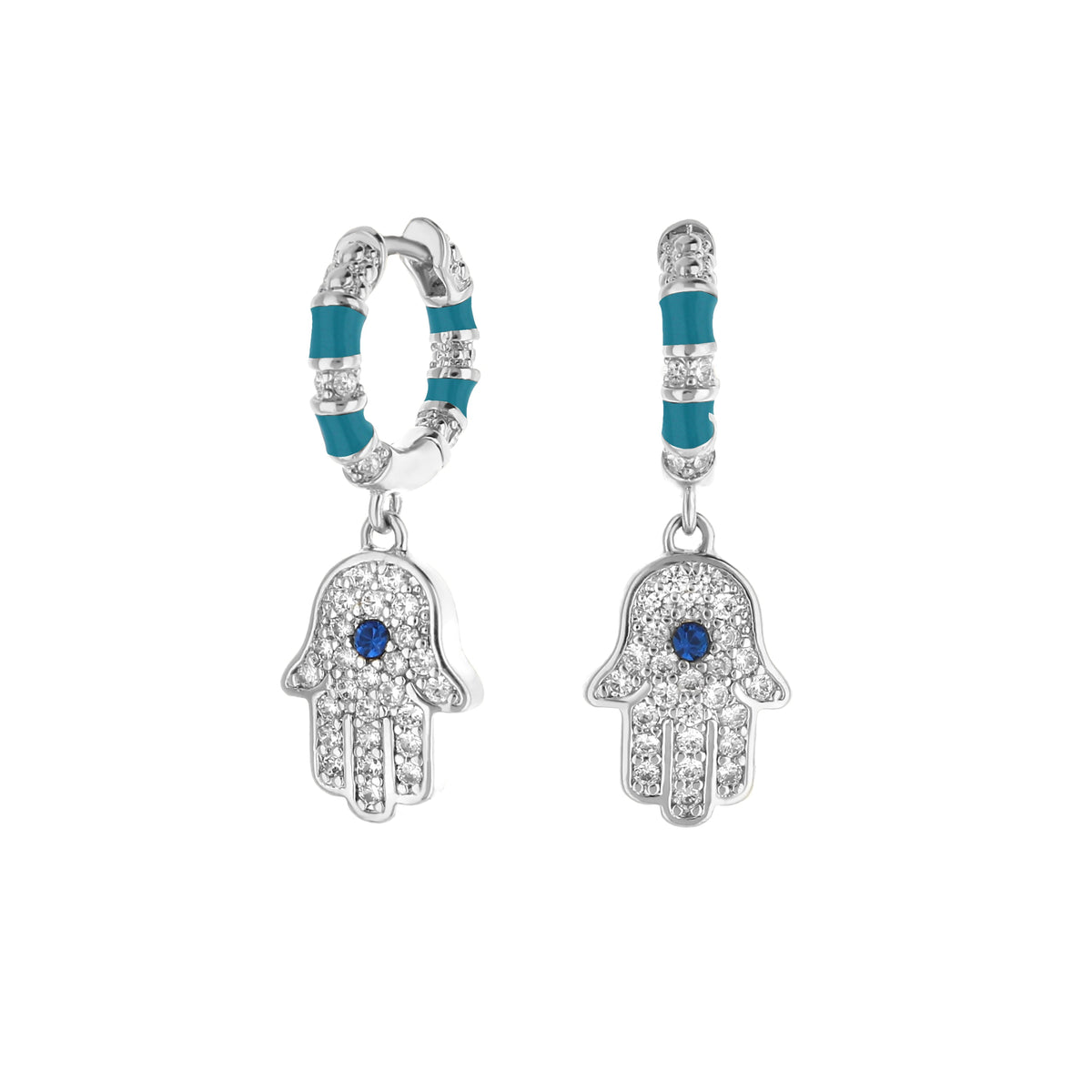 Lucky Hamsa Pave Earrings pair turquoise enamel & pavé crystals dangling by Lauren G Adams on Tampa Home & Garden Store