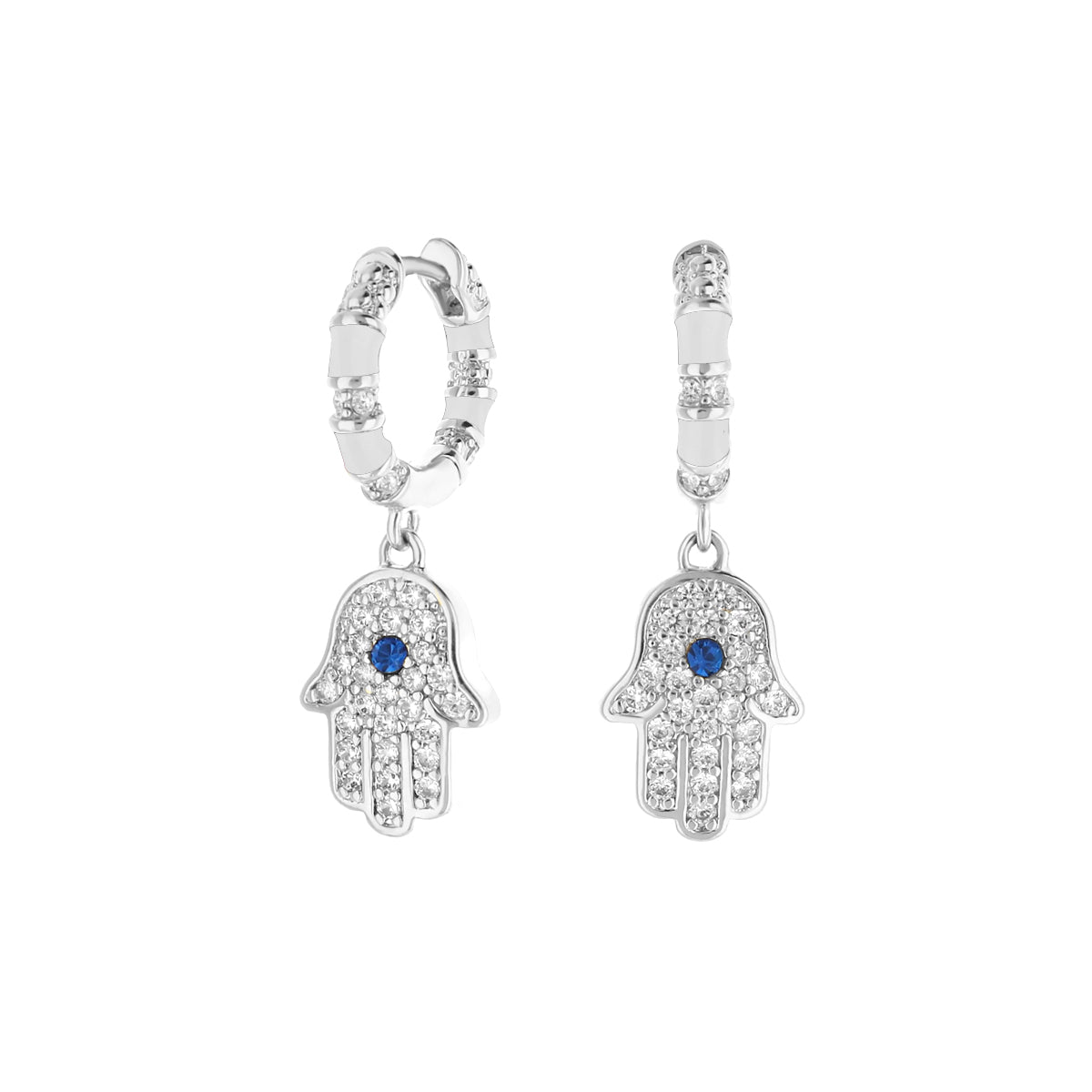Lucky Hamsa Pave Earrings, silver-tone pave dangle earrings with blue stone, Lauren G Adams on Tampa Home & Garden Store
