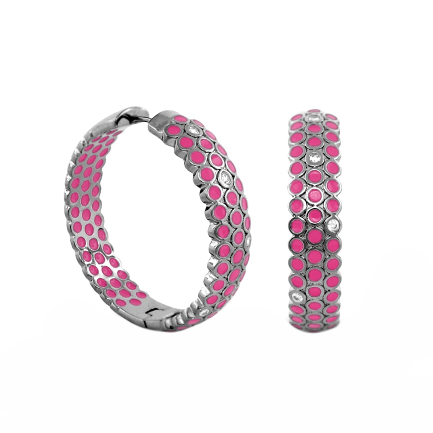Fun Bubbles earrings by Lauren G Adams, pink bubble inlays in silver hoops with crystals on Tampa Home & Garden Store