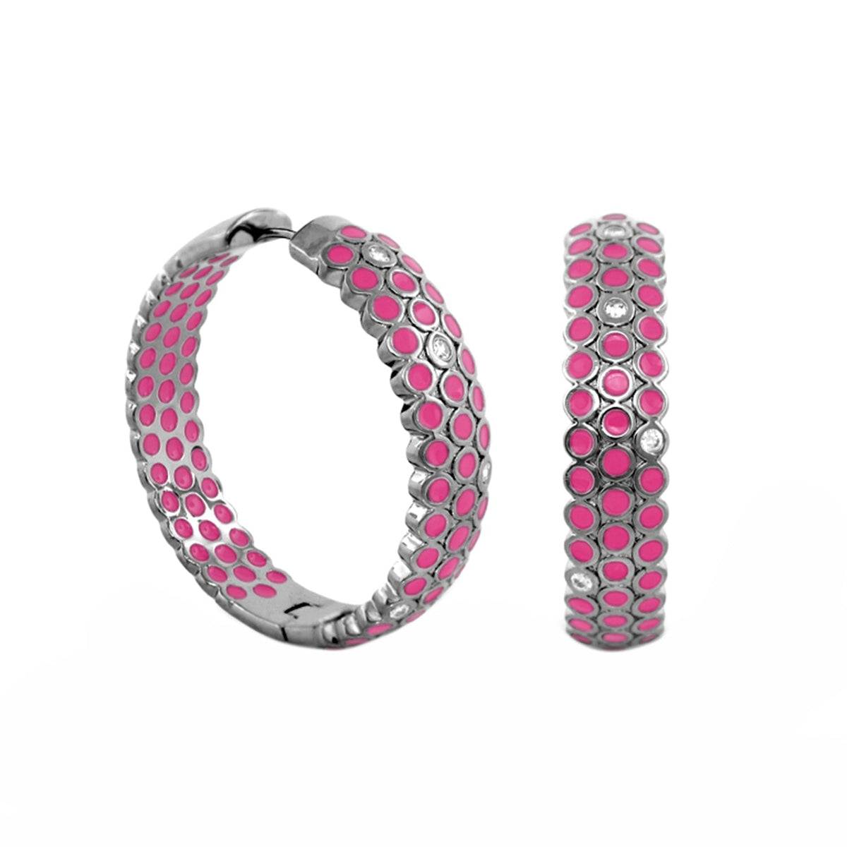 Fun Bubbles earrings by Lauren G Adams, pink bubble inlays in silver hoops with crystals on Tampa Home & Garden Store