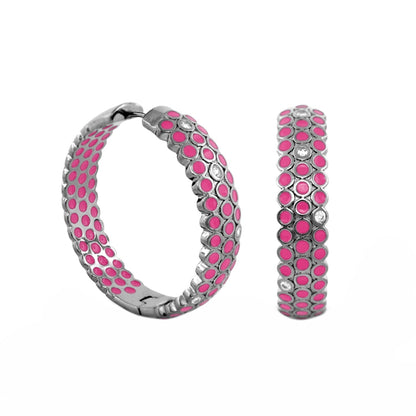 Fun Bubbles earrings by Lauren G Adams, pink bubble inlays in silver hoops with crystals on Tampa Home & Garden Store