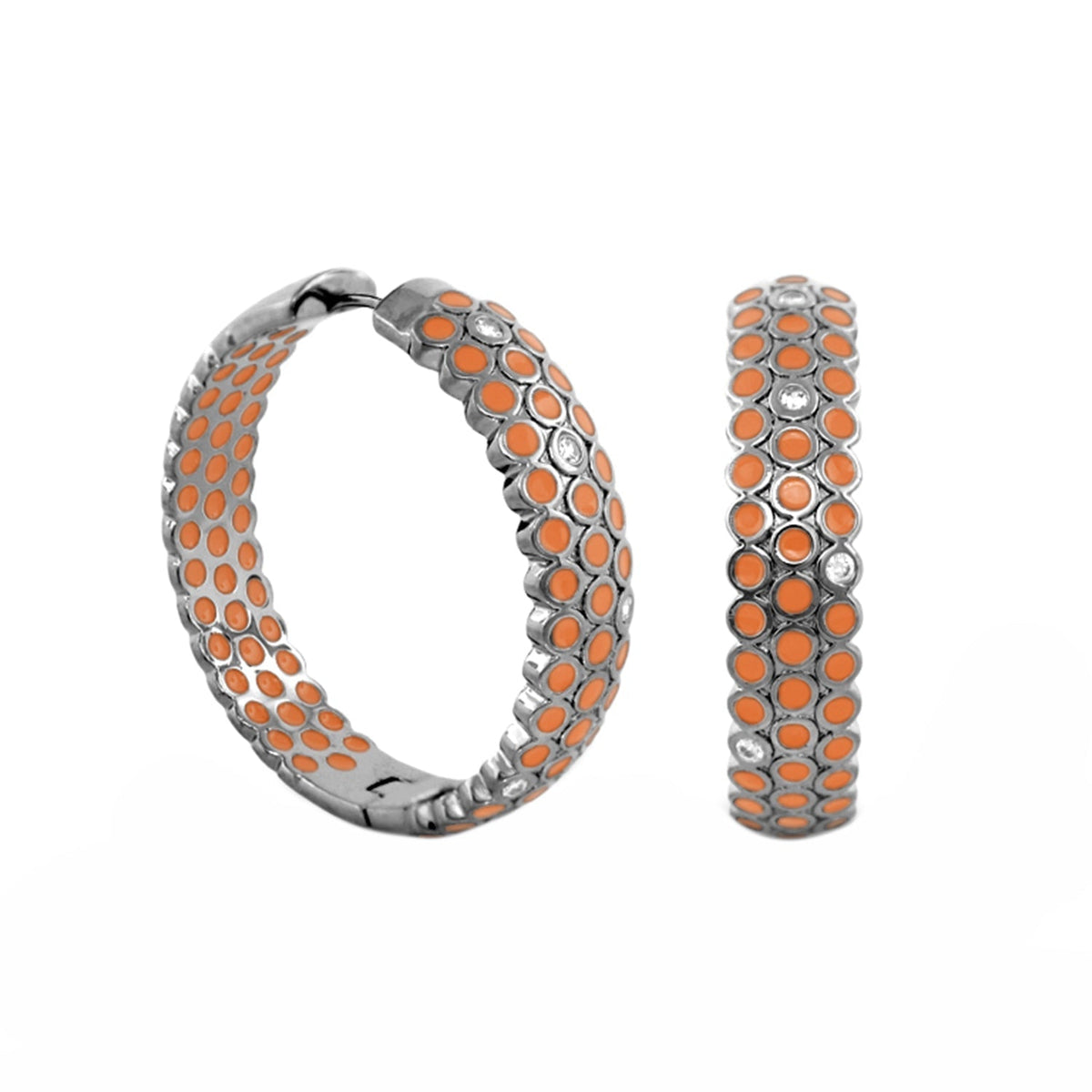 Fun Bubbles Earrings by Lauren G Adams, pair of silver hoops with orange bubble inlays on Tampa Home & Garden Store