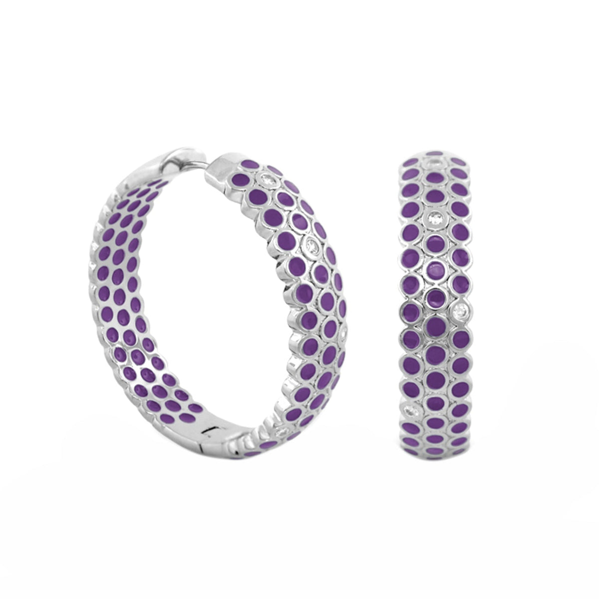 Fun Bubbles earrings by Lauren G Adams: purple enamel dotted hoops and purple-dots silver huggie on Tampa Home & Garden Store