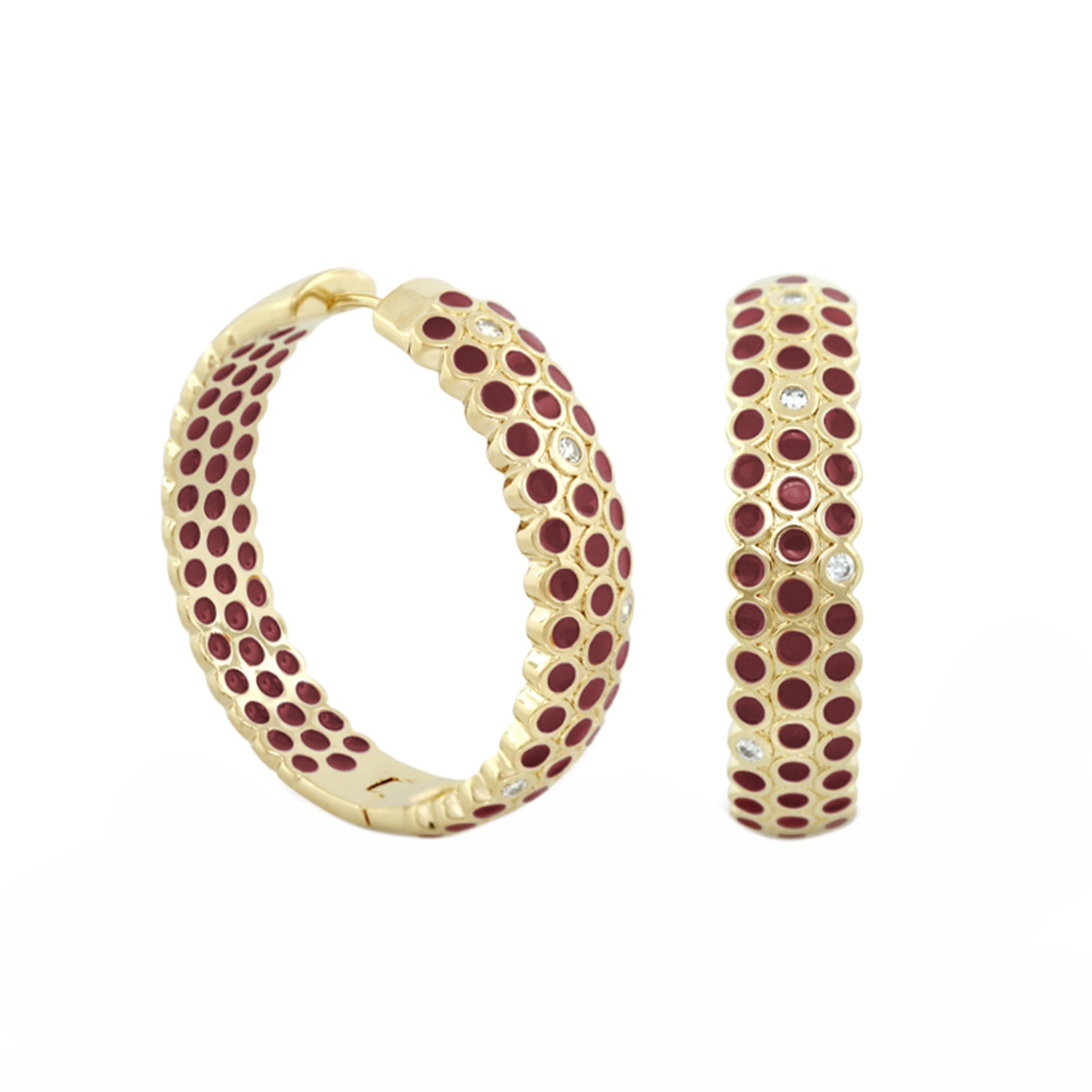 Fun Bubbles Earrings pair gold-tone hoops with burgundy enamel dots and clear crystals on Tampa Home & Garden Store