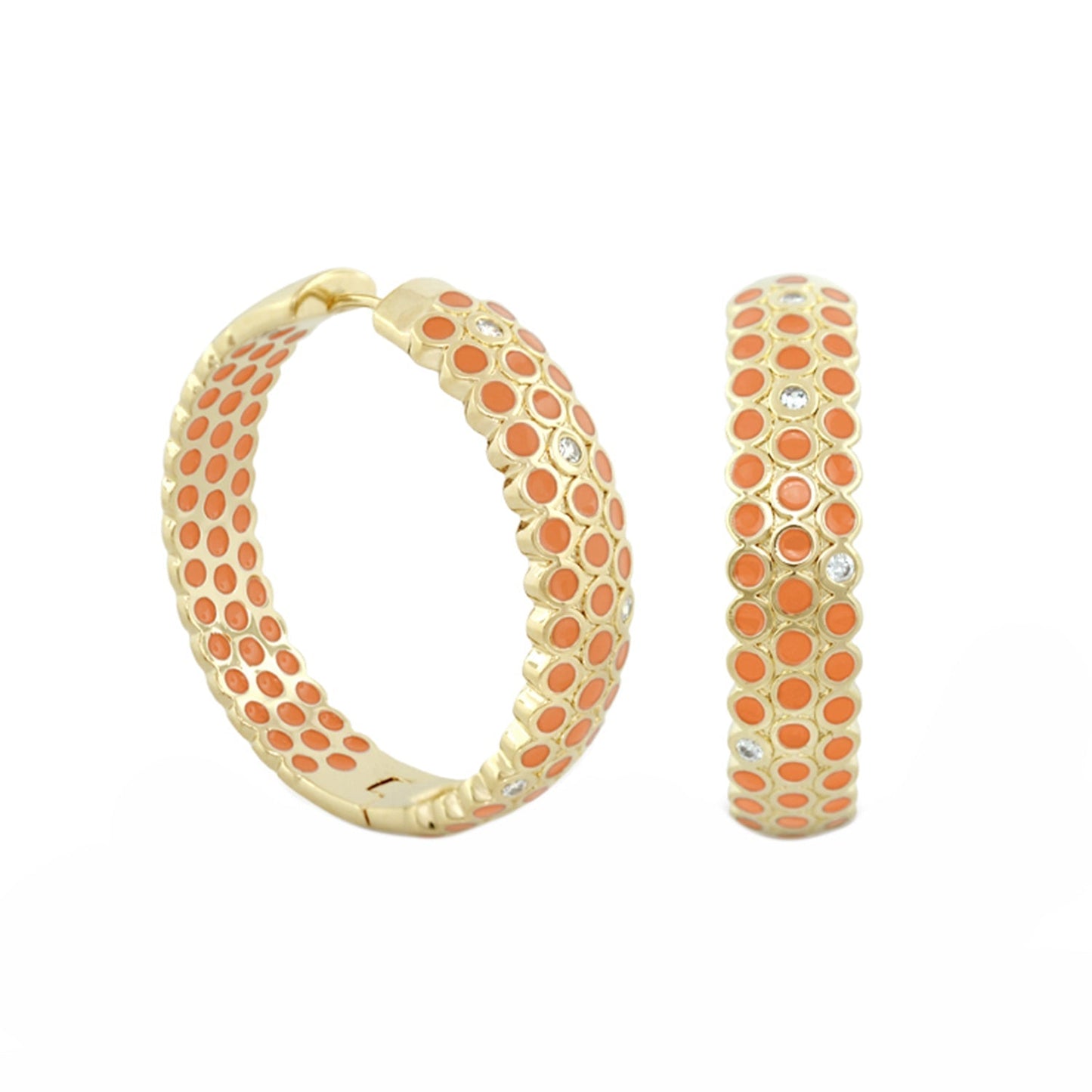 Fun Bubbles earrings by Lauren G Adams, pair of gold hoops with orange enamel dots and accents on Tampa Home & Garden Store
