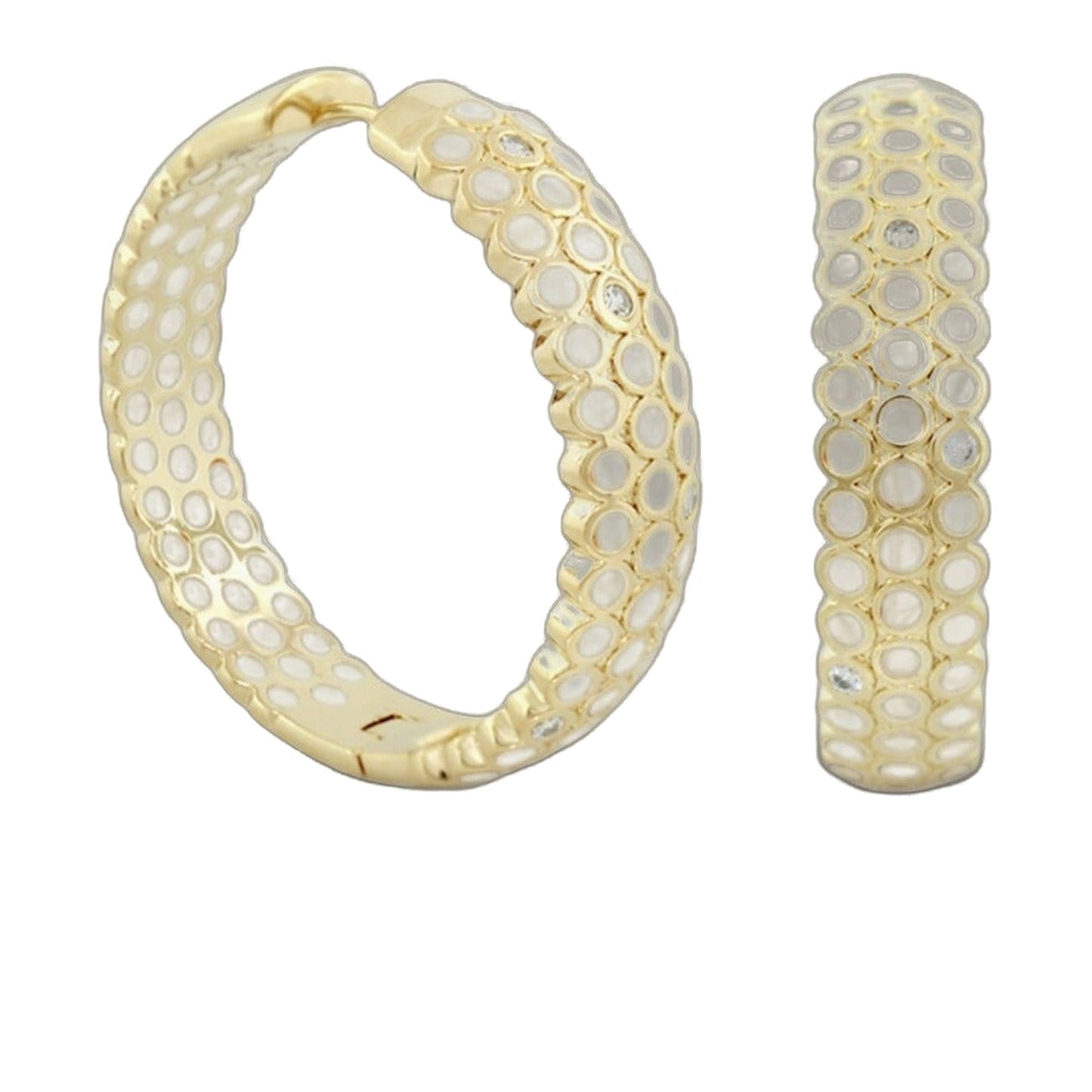 Fun Bubbles Earrings by Lauren G Adams, gold-tone hoops with white circular inlays on Tampa Home & Garden Store
