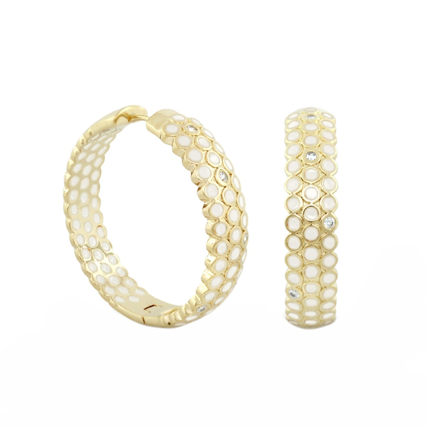Fun Bubbles Earrings, two gold hoops with white enamel bubbles by Lauren G Adams on Tampa Home & Garden Store