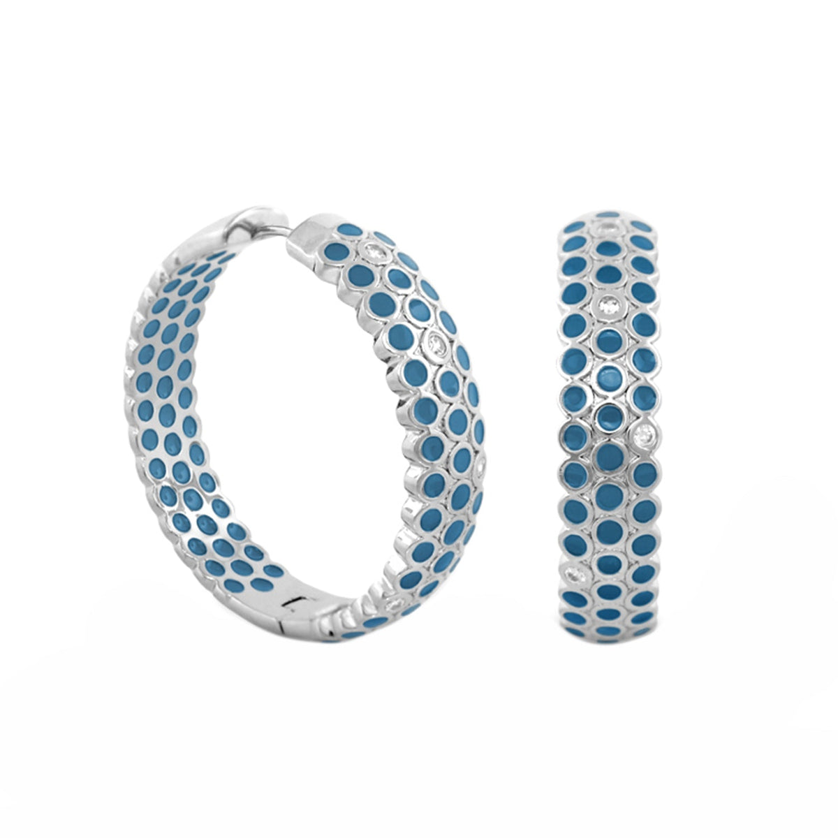Fun Bubbles Earrings hoops with blue enamel dots in silver setting by Lauren G Adams on Tampa Home & Garden Store