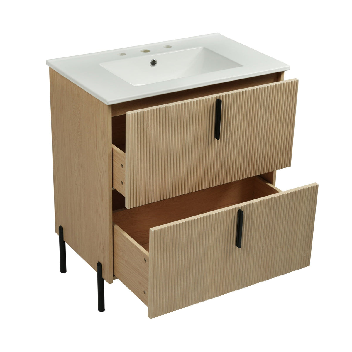 Bathroom vanity with white ceramic sink and fluted light oak cabinet, several drawers on Tampa Home & Garden Store