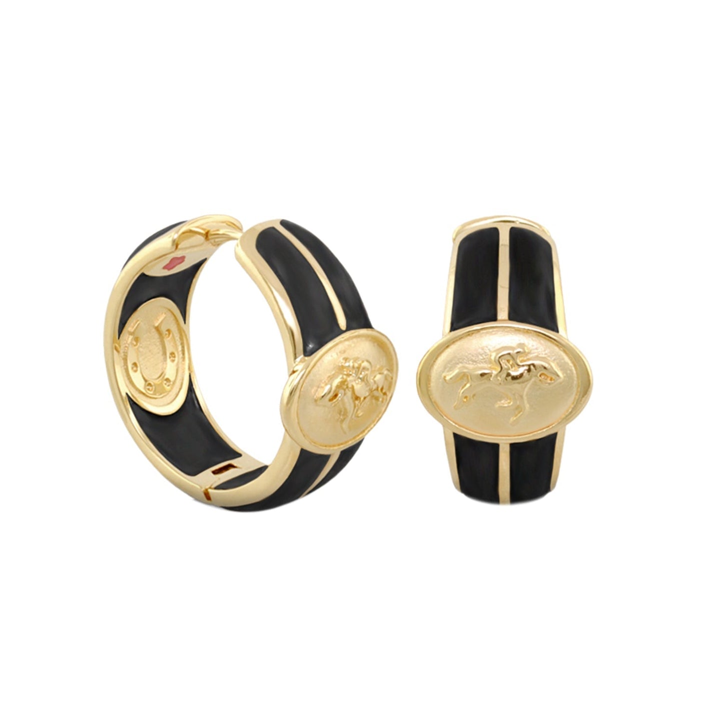 Equestrian hoop earrings in gold with black enamel and horse medallions, 2pc on Tampa Home & Garden Store