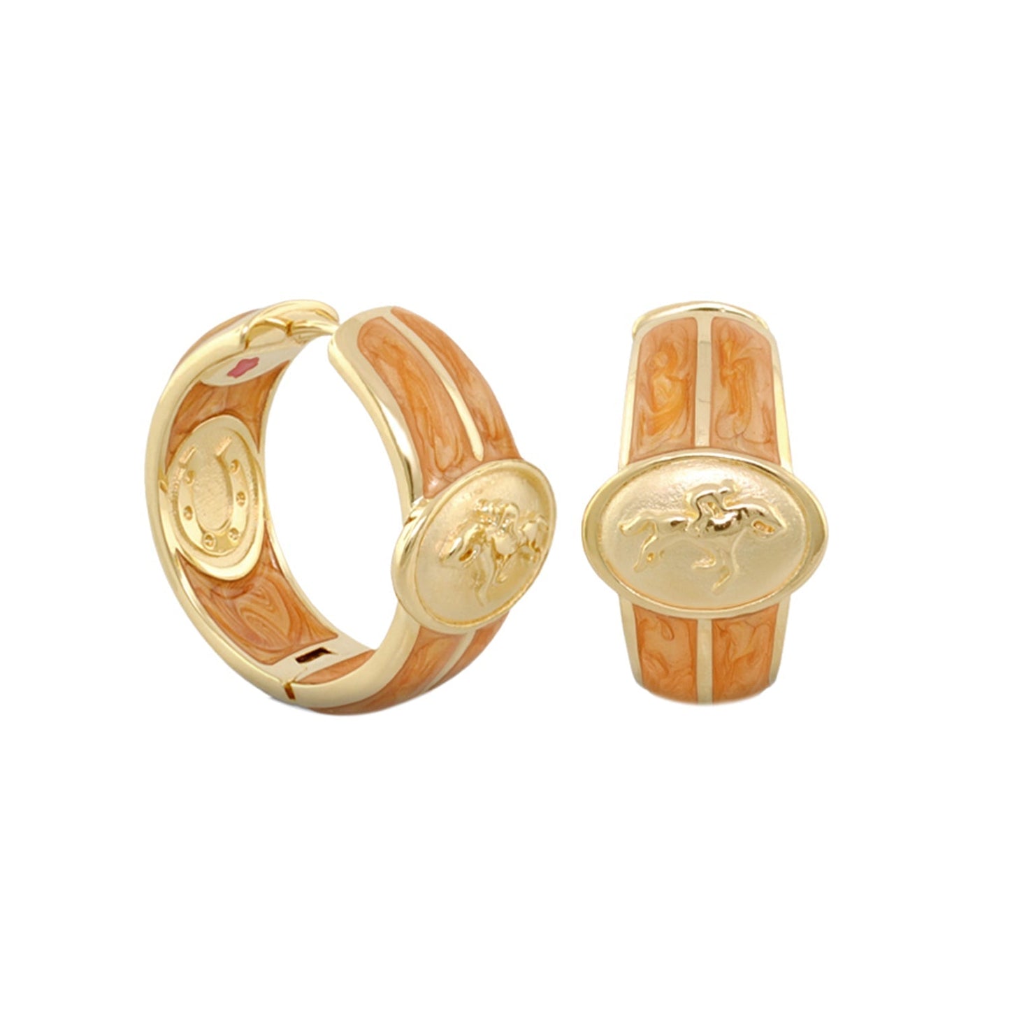 Equestrian Hoop Earrings gold with orange marbled enamel horse medallions by Lauren G Adams on Tampa Home & Garden Store