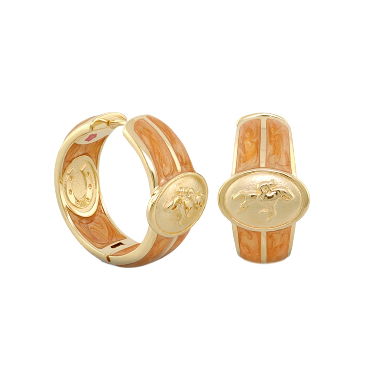 Equestrian Hoop Earrings gold with orange marbled enamel horse medallions by Lauren G Adams on Tampa Home & Garden Store