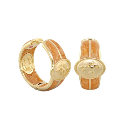 Equestrian Hoop Earrings gold with orange marbled enamel horse medallions by Lauren G Adams on Tampa Home & Garden Store