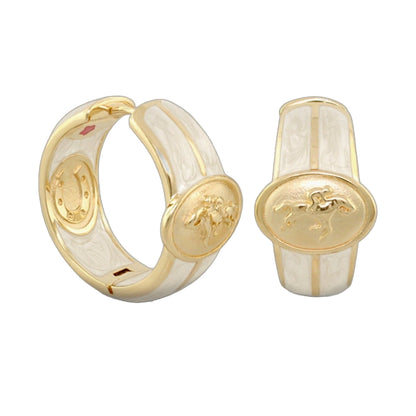 Equestrian hoop earrings in gold-tone with embossed coin discs; pair for everyday wear on Tampa Home & Garden Store
