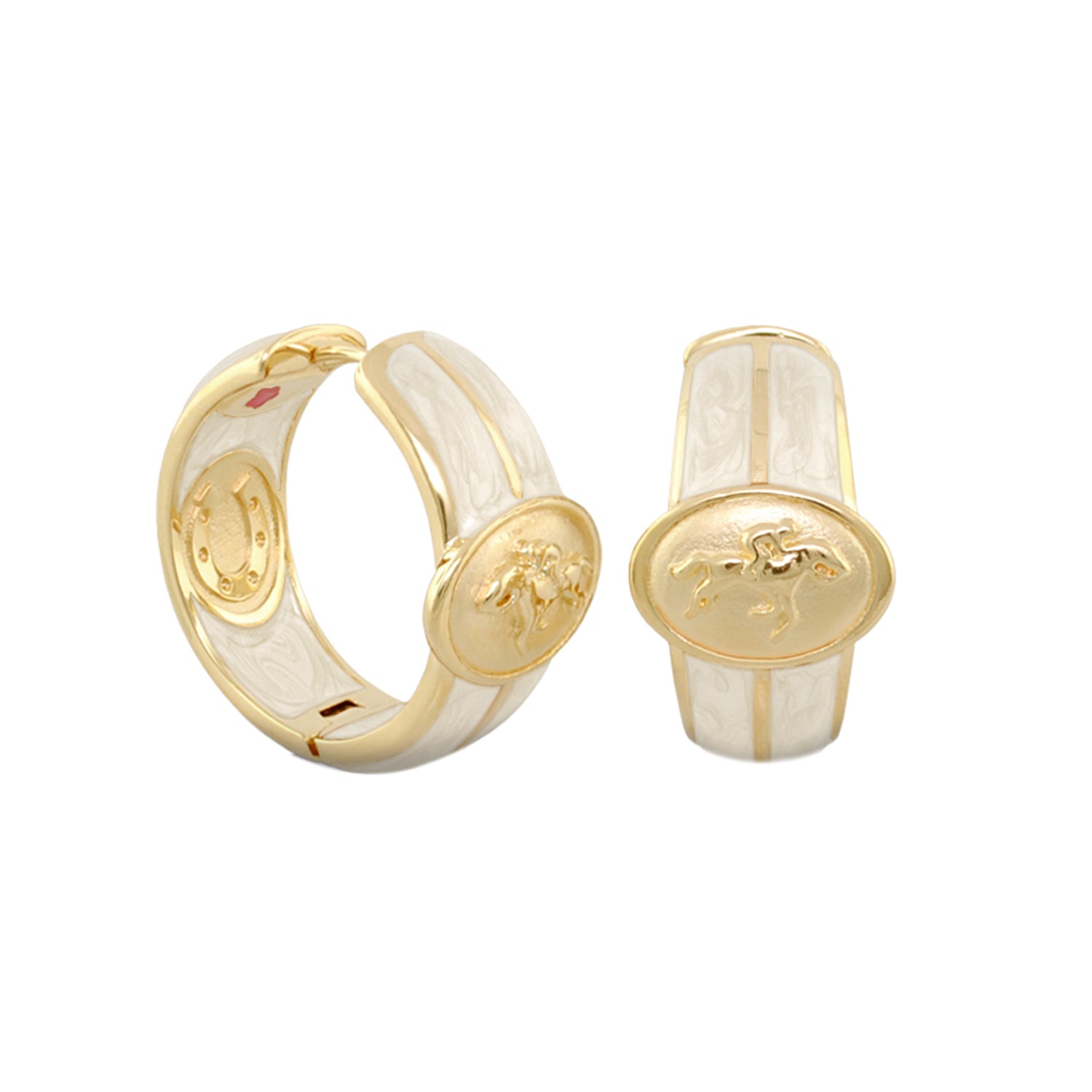Equestrian Hoop Earrings by Lauren G Adams, gold-tone with marbled enamel and horse motif on Tampa Home & Garden Store