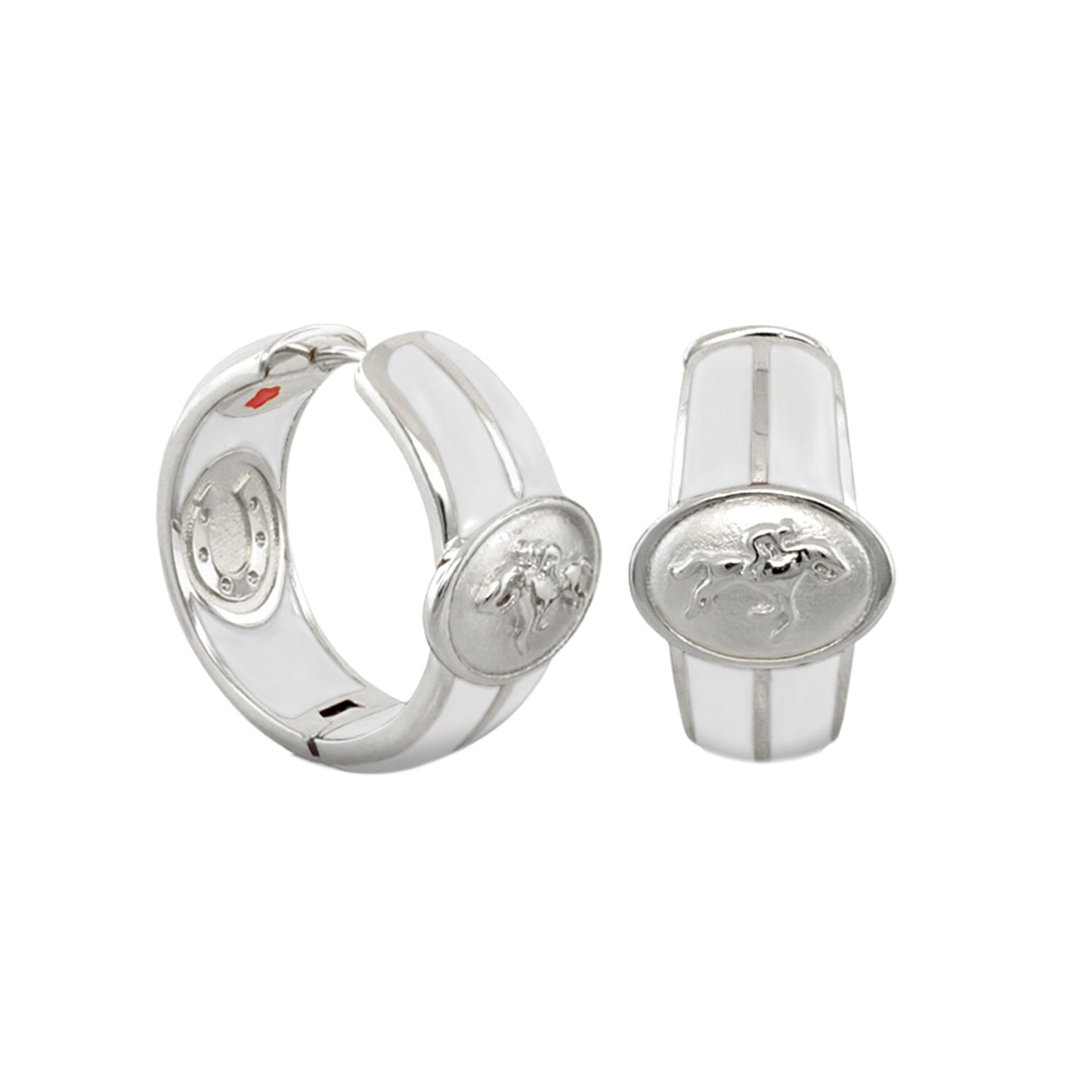 Equestrian Hoop Earrings pair of silvertone hoops with oval horseemblem medallions and enamel on Tampa Home & Garden Store