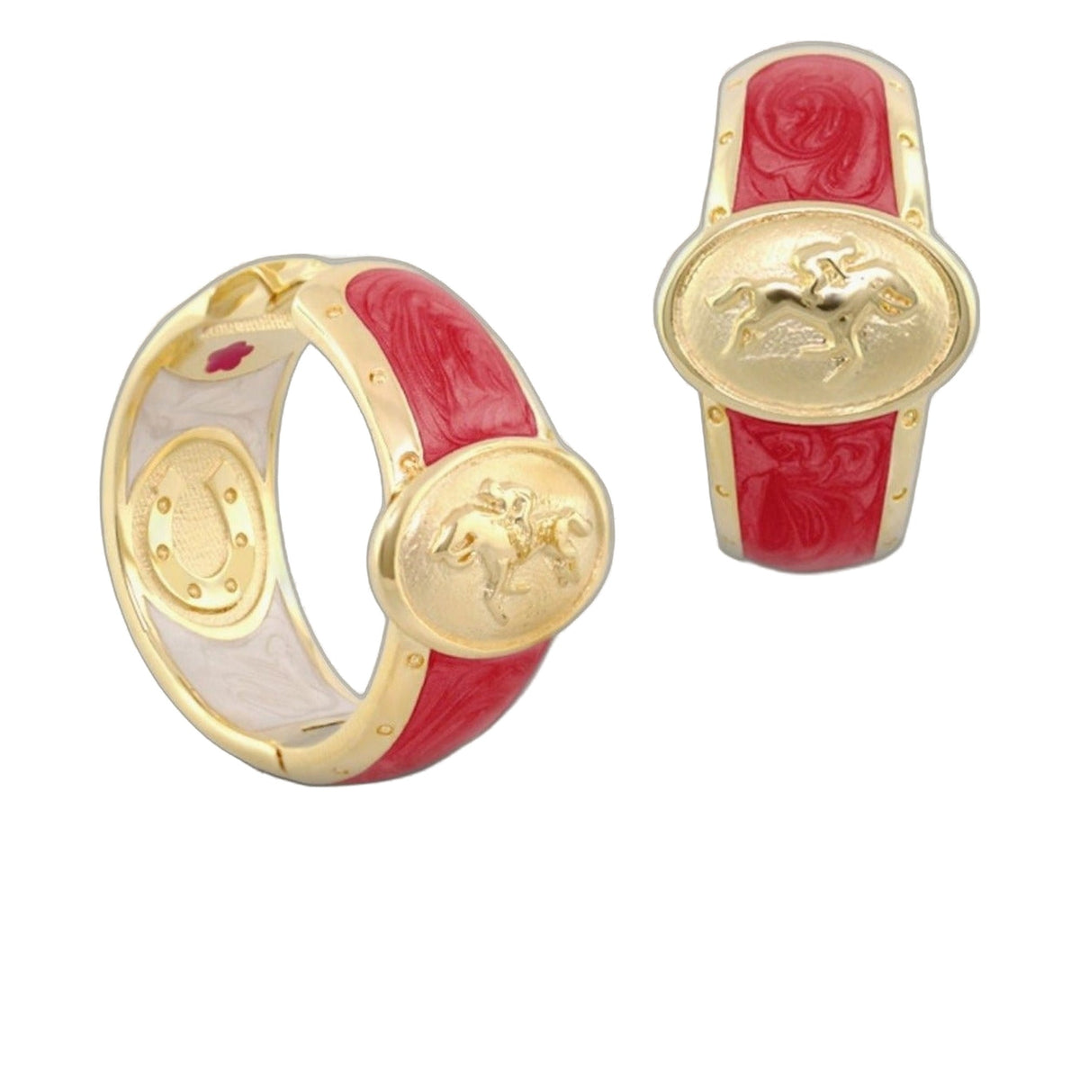 Equestrian Hoop Earrings pair in gold with red enamel panels and horse medallions on Tampa Home & Garden Store