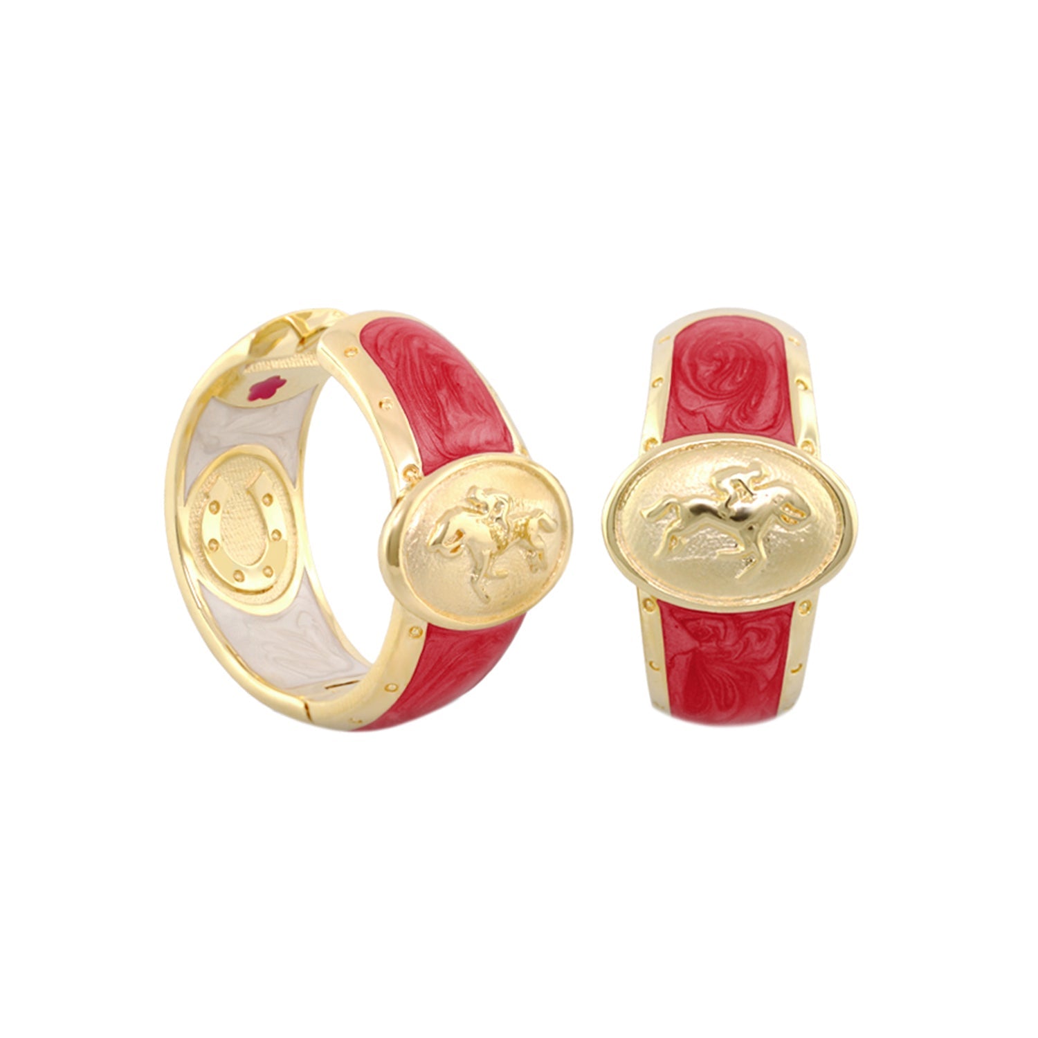 Equestrian hoop earrings Lauren G Adams, red enamel with gold-tone band and horse motif, pair on Tampa Home & Garden Store