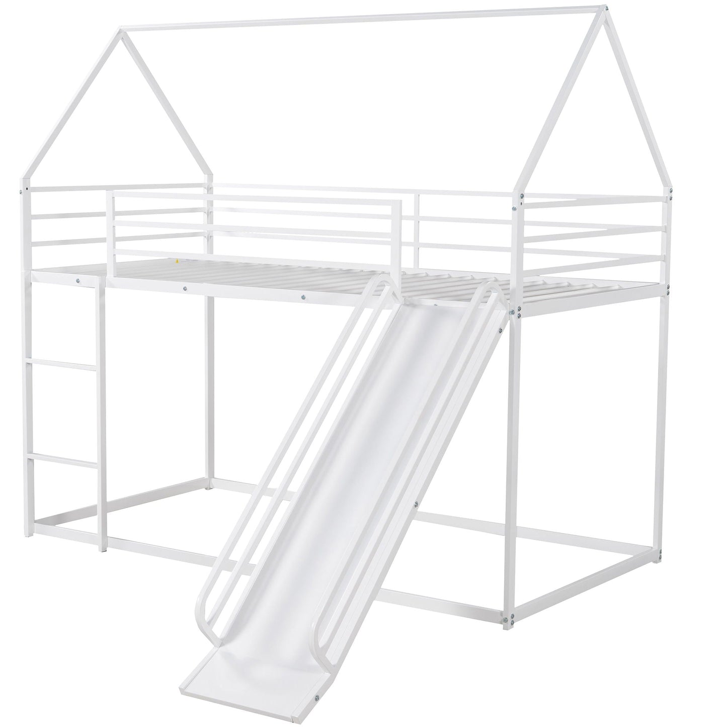 Twin Over Twin House Bunk Bed with Ladder and Slide white metal frame by HouseOfZazla on Tampa Home & Garden Store