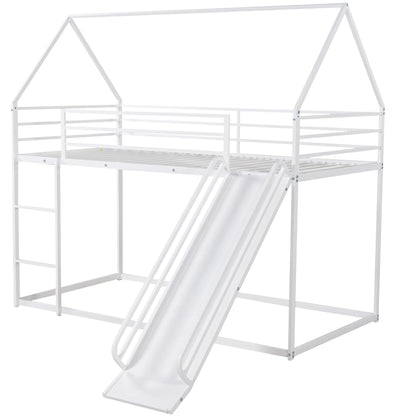 Twin Over Twin House Bunk Bed with Ladder and Slide white metal frame by HouseOfZazla on Tampa Home & Garden Store