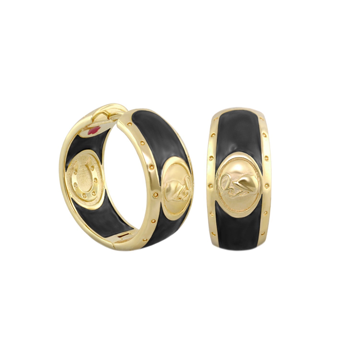 Equestrian Hoop Earrings by Lauren G Adams, black enamel on gold-tone hoops with rivets, pair on Tampa Home & Garden Store