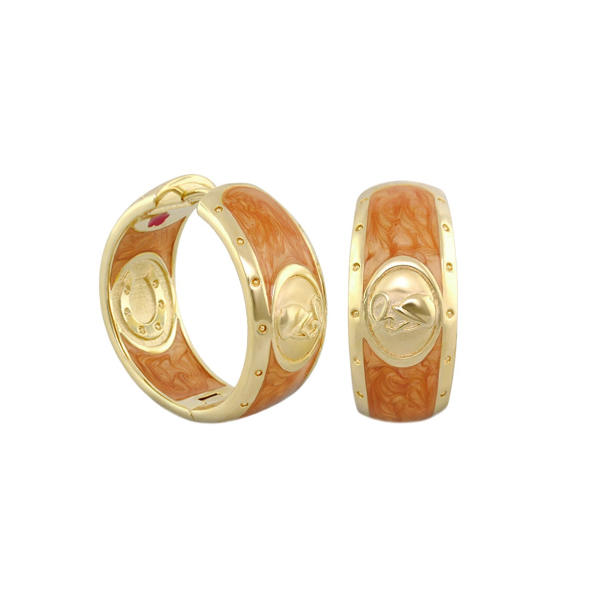 Equestrian Hoop Earrings by Lauren G Adams, gold-tone hoops with peach marbled enamel, pair on Tampa Home & Garden Store