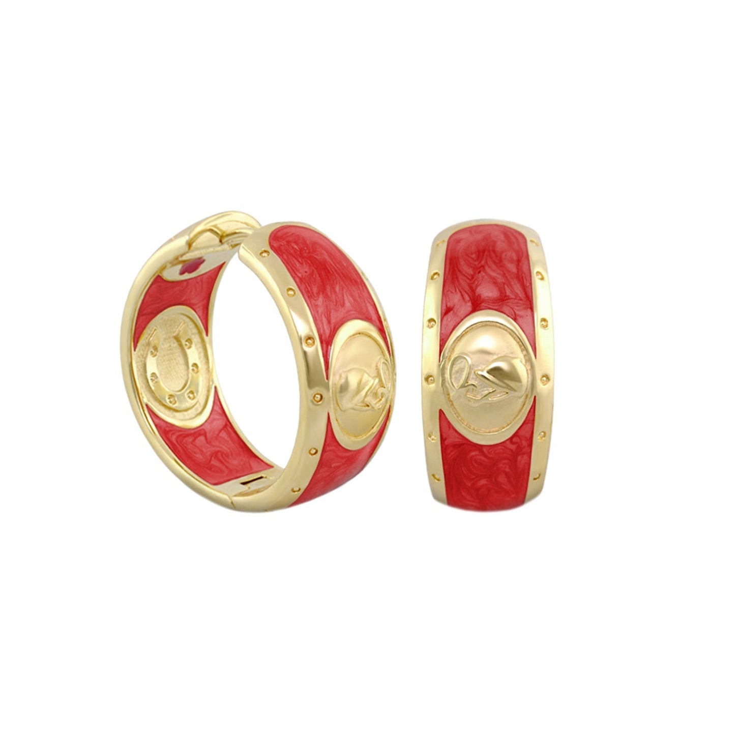 Equestrian Hoop Earrings gold-tone with red enamel panels and horse head motif on Tampa Home & Garden Store