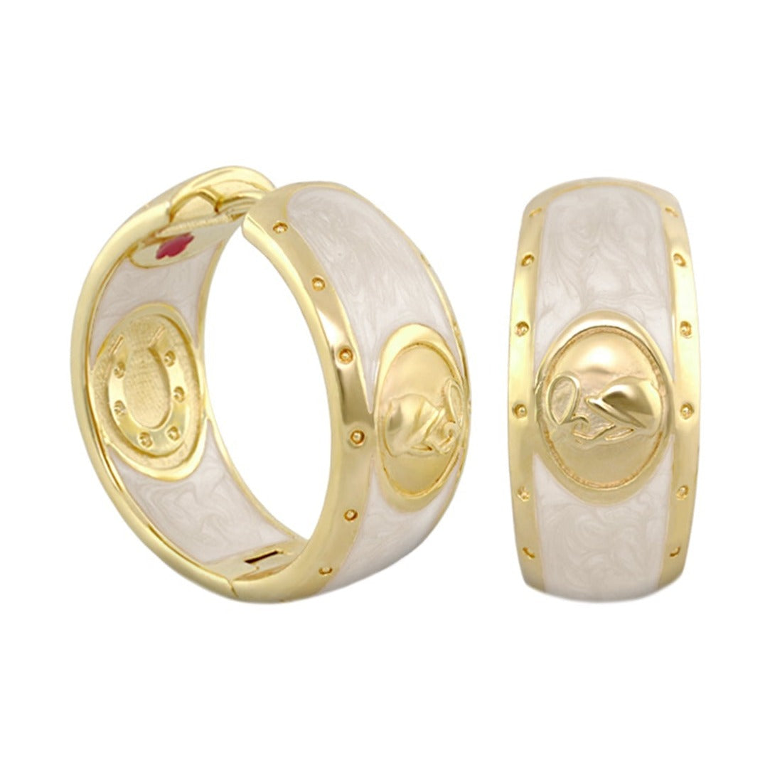 Equestrian Hoop Earrings by Lauren G Adams, gold-tone hoops with white marbled enamel pair on Tampa Home & Garden Store