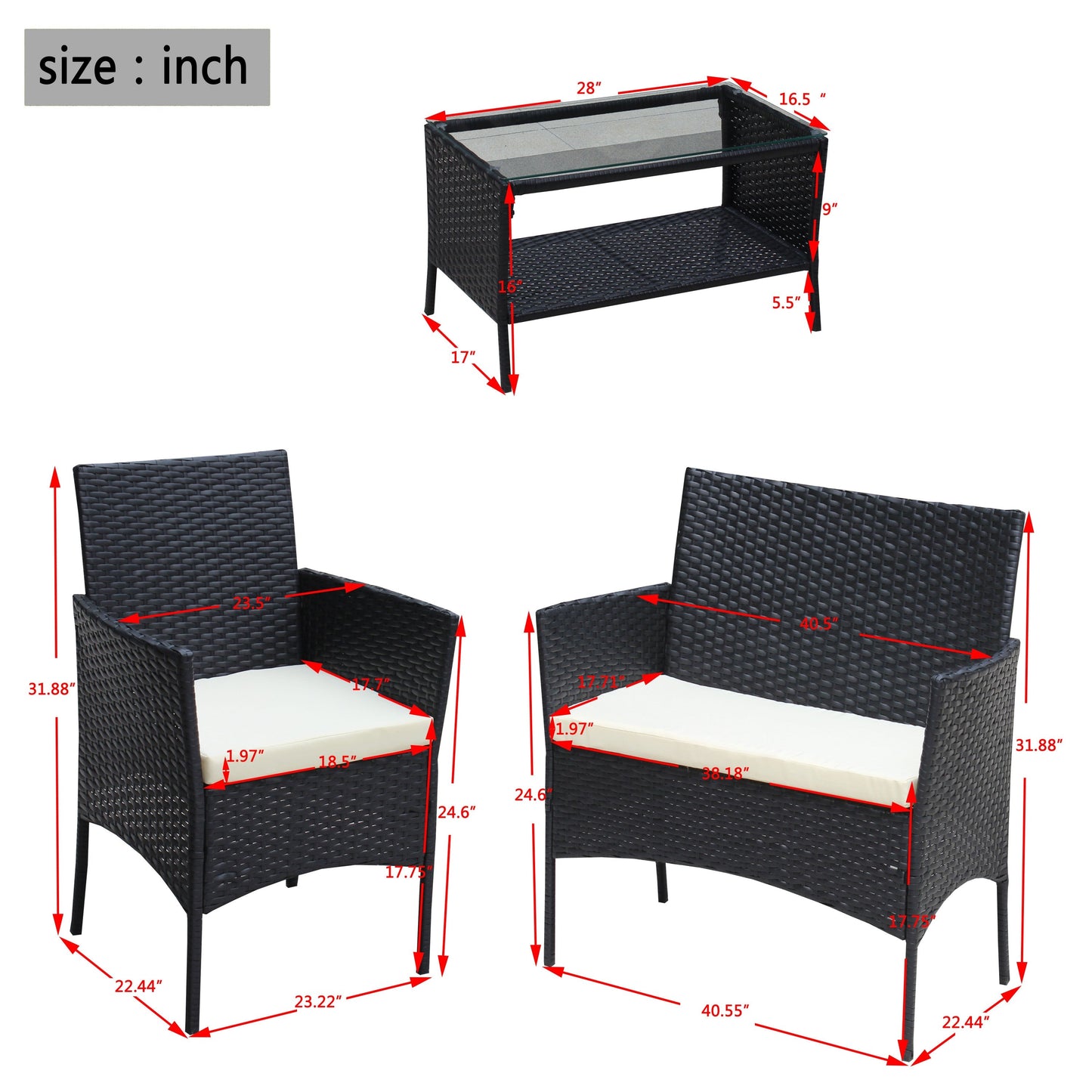 HouseOfZazla 4pc rattan outdoor set with cushioned wicker chairs and glass coffee table on Tampa Home & Garden Store