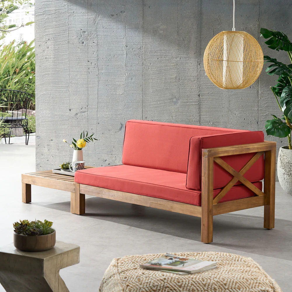 Brava X Corner Bench with Coffee Table, red cushions, wood, 2pc outdoor set HouseOfZazla on Tampa Home & Garden Store