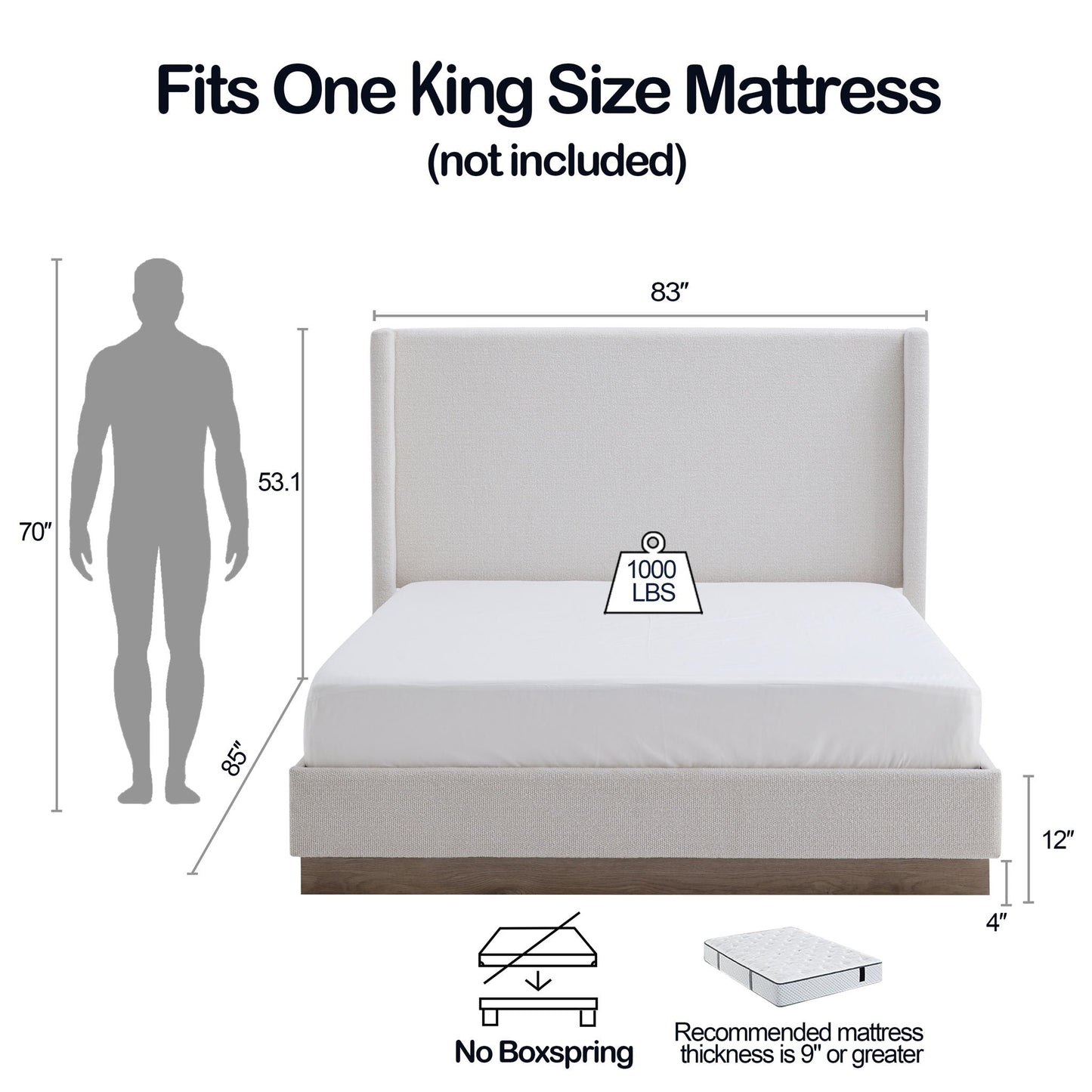 Hosford minimalist upholstered wingback bed with wood base platform in light gray fabric, king size by HouseOfZazla on Tampa Home & Garden Store