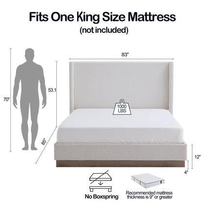 Hosford minimalist upholstered wingback bed with wood base platform in light gray fabric, king size by HouseOfZazla on Tampa Home & Garden Store