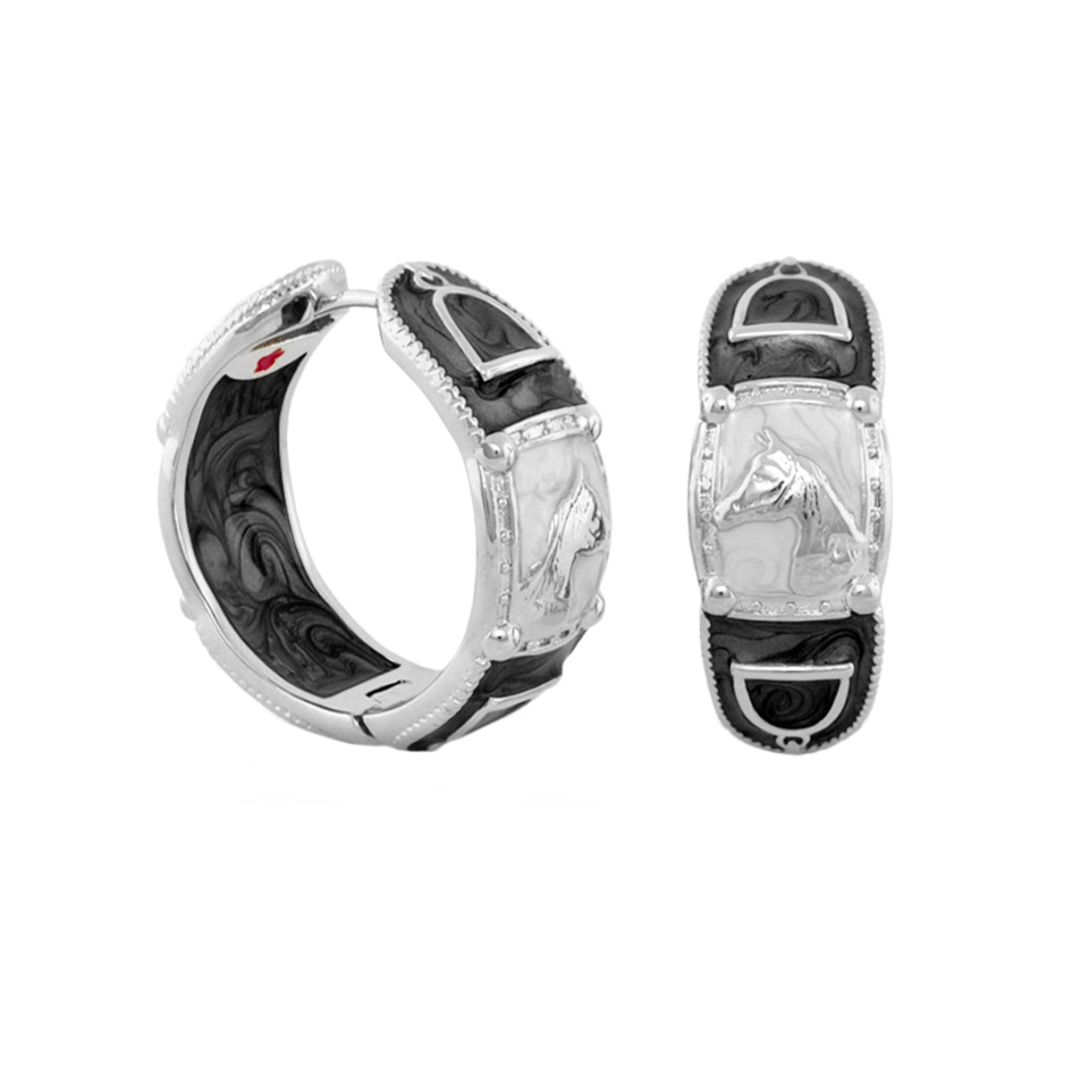 Equestrian Hoop Earrings Lauren G Adams with black marbled inlay and silver trim horse motif on Tampa Home & Garden Store