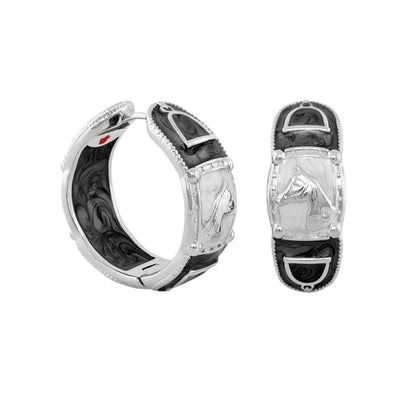 Equestrian Hoop Earrings Lauren G Adams with black marbled inlay and silver trim horse motif on Tampa Home & Garden Store