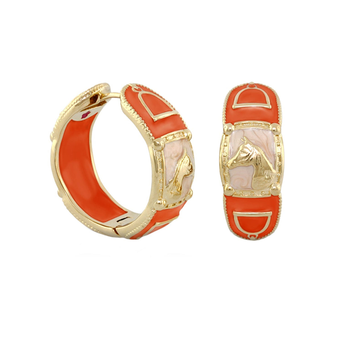 Equestrian Hoop Earrings Lauren G Adams, orange enamel hoops with horse, gold trim pair on Tampa Home & Garden Store