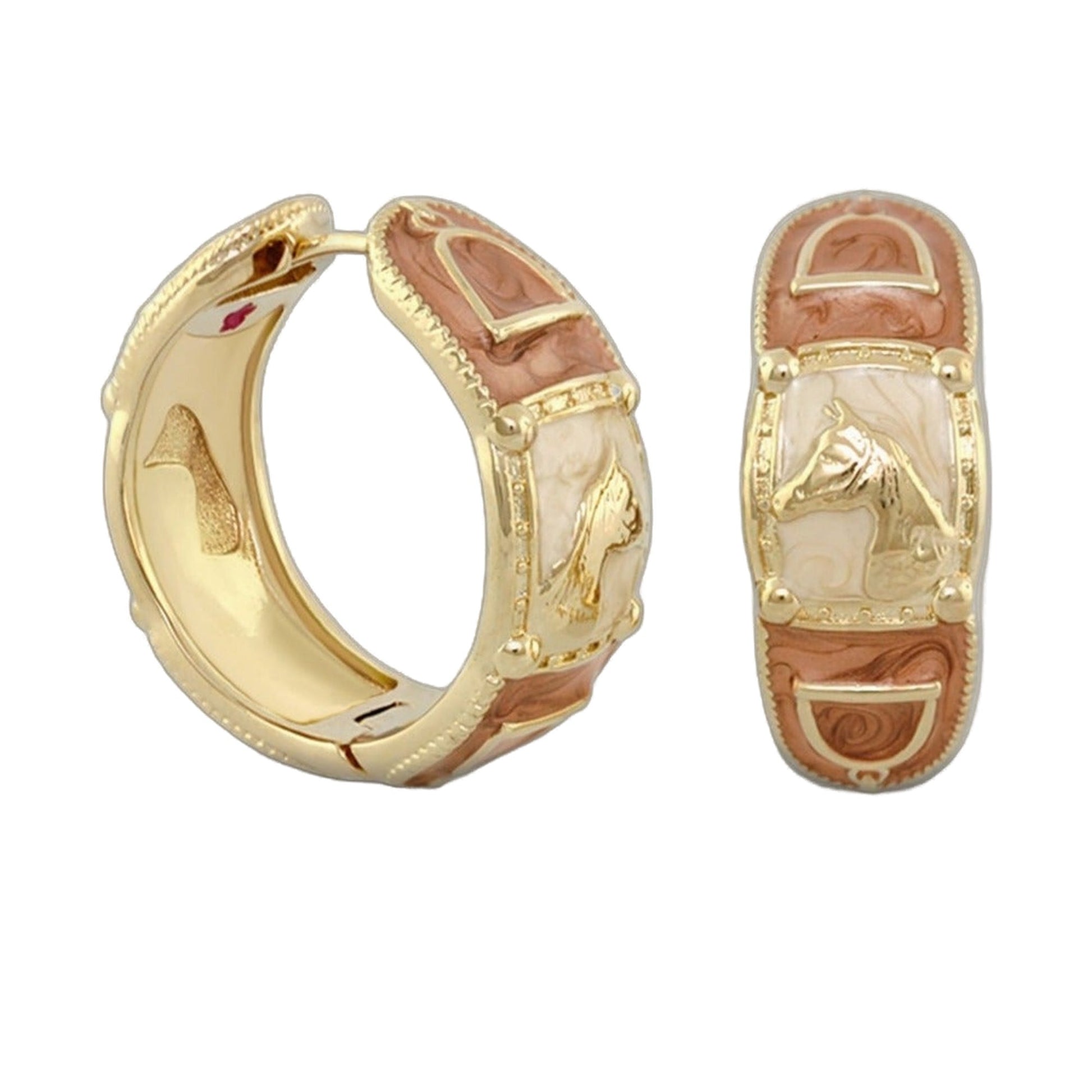 Equestrian Hoop Earrings by Lauren G Adams, pair of gold-tone hoops with pink marbled inlay on Tampa Home & Garden Store