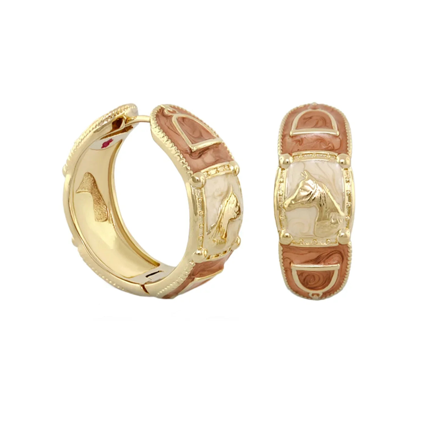 Equestrian Hoop Earrings gold-tone with horse relief and brown ivory enamel panels on Tampa Home & Garden Store