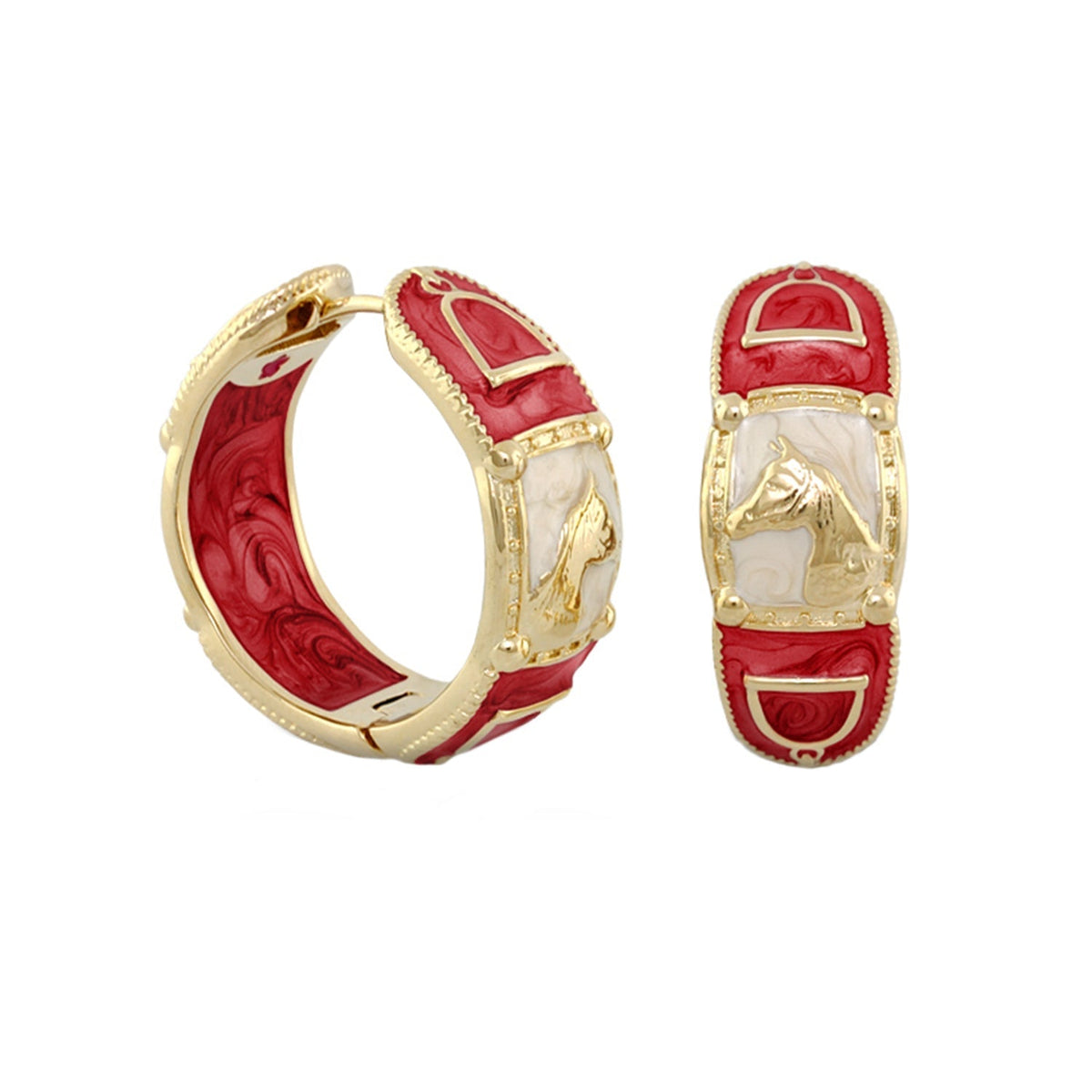 Equestrian hoop earrings by Lauren G Adams, gold hoops with red enamel panels and horse motif on Tampa Home & Garden Store